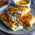 Keto Philly Cheesesteak Rolls served with broccoli and aioli