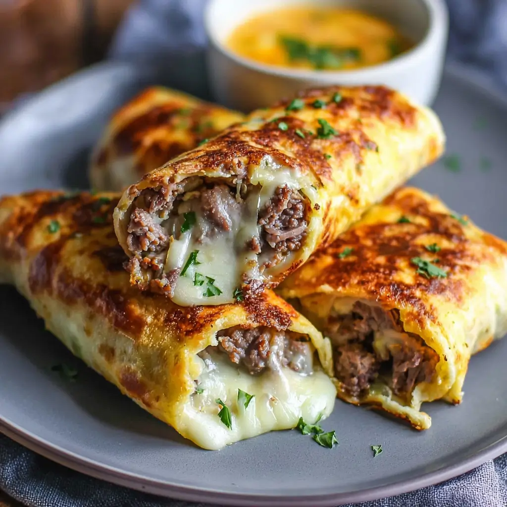 Keto Philly Cheesesteak Rolls served with broccoli and aioli