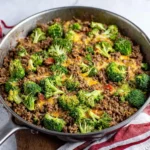 Keto ground beef and broccoli stirred with cheese in skillet