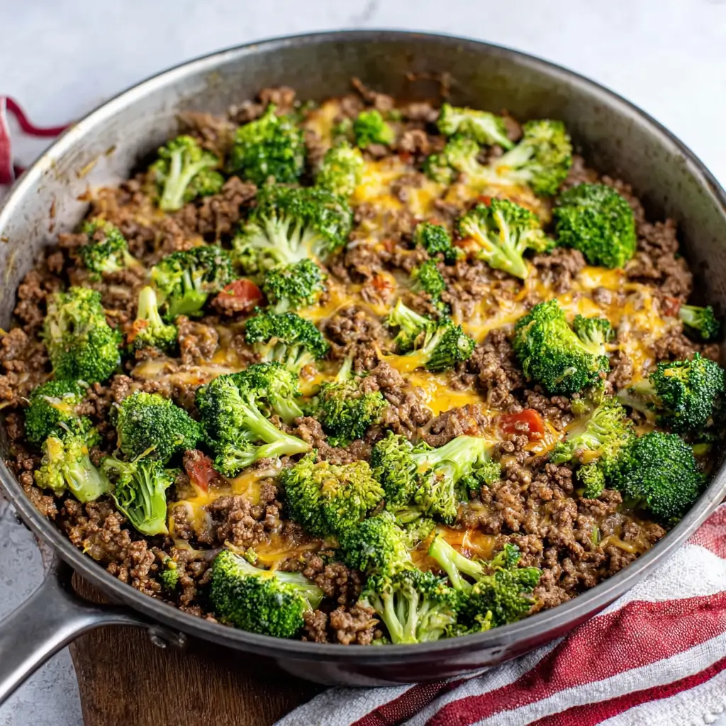 Keto ground beef and broccoli stirred with cheese in skillet