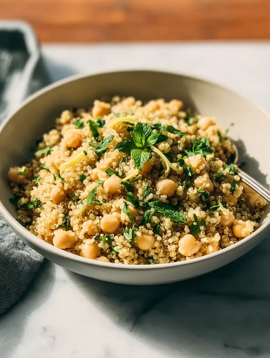 Lemon herb quinoa salad with chickpeas and fresh mint in a white bowl