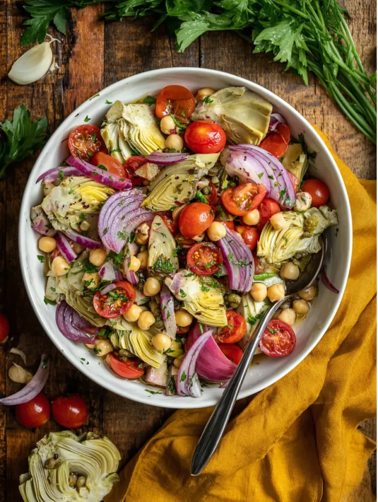 Overhead image of tomato and artichoke salad with red onion, chickpeas, and capers in a white bowl on a rustic wooden table