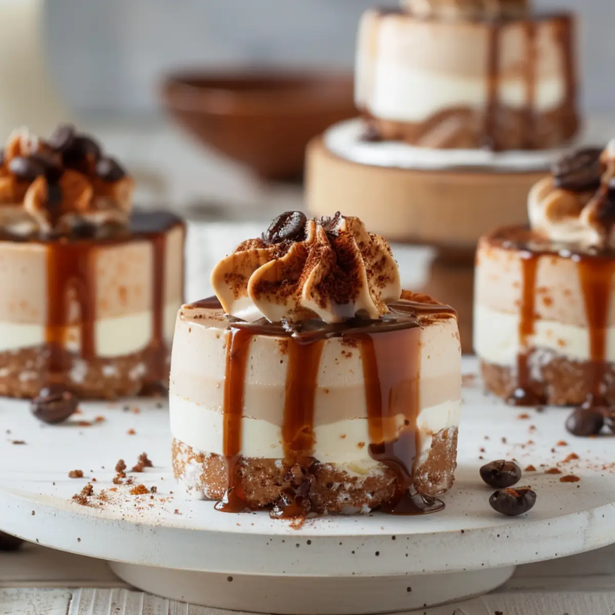 Close-up of mini coffee cheesecakes with espresso, layered with cream, topped with whipped frosting, chocolate drizzle, and coffee beans
