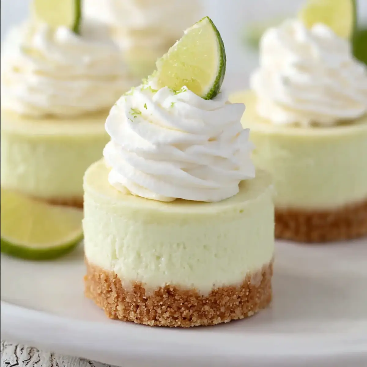 Mini key lime cheesecake topped with whipped cream and lime slice on a white plate