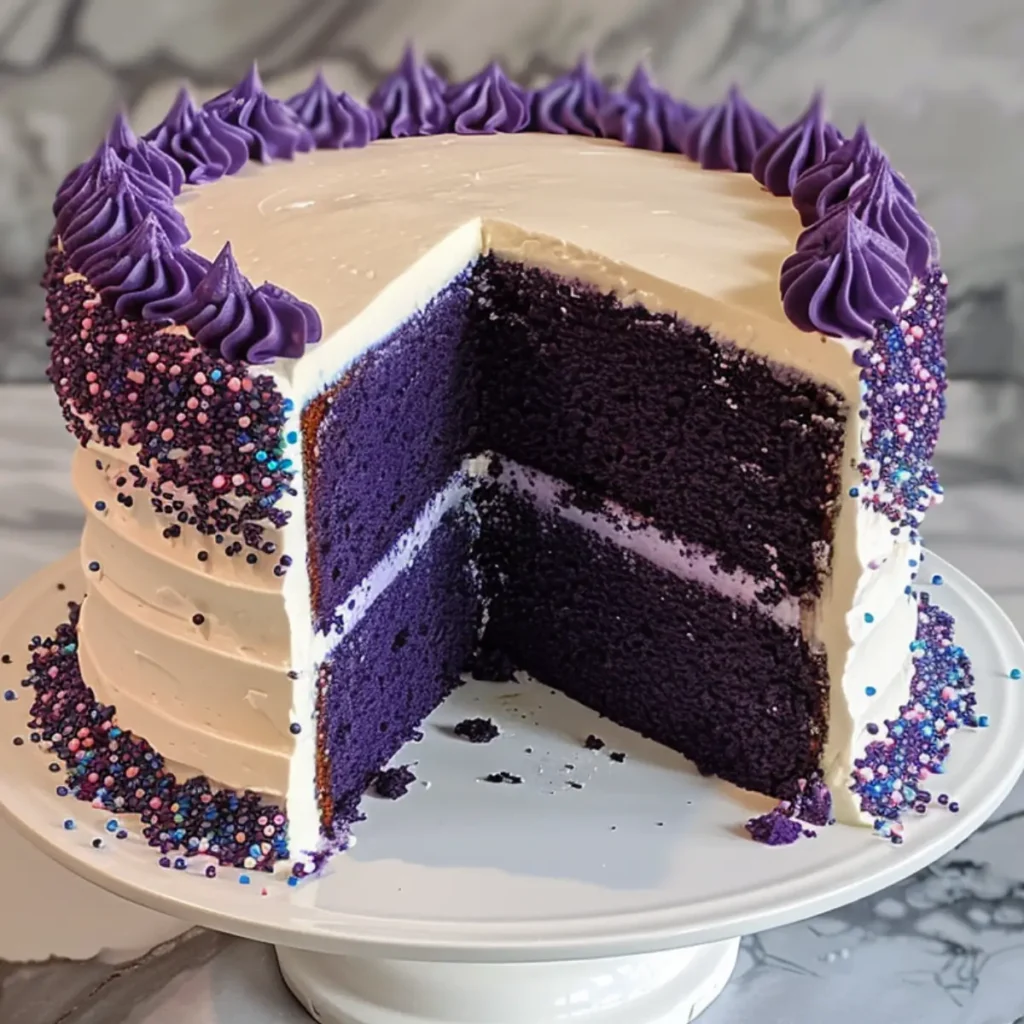 A sliced purple velvet cake with cream cheese frosting, decorated with purple and multicolored sprinkles, displayed on a white cake stand.