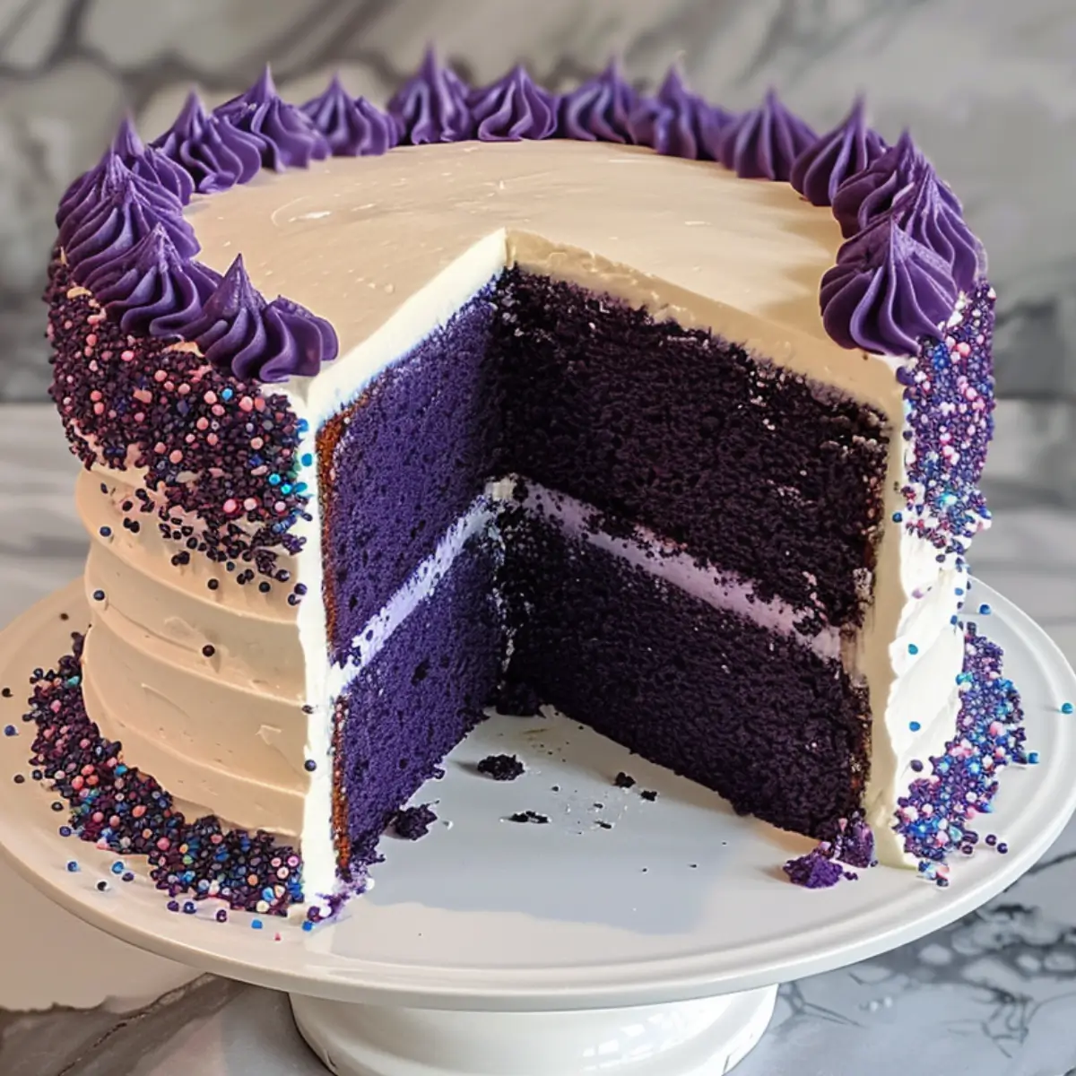 A sliced purple velvet cake with cream cheese frosting, decorated with purple and multicolored sprinkles, displayed on a white cake stand.