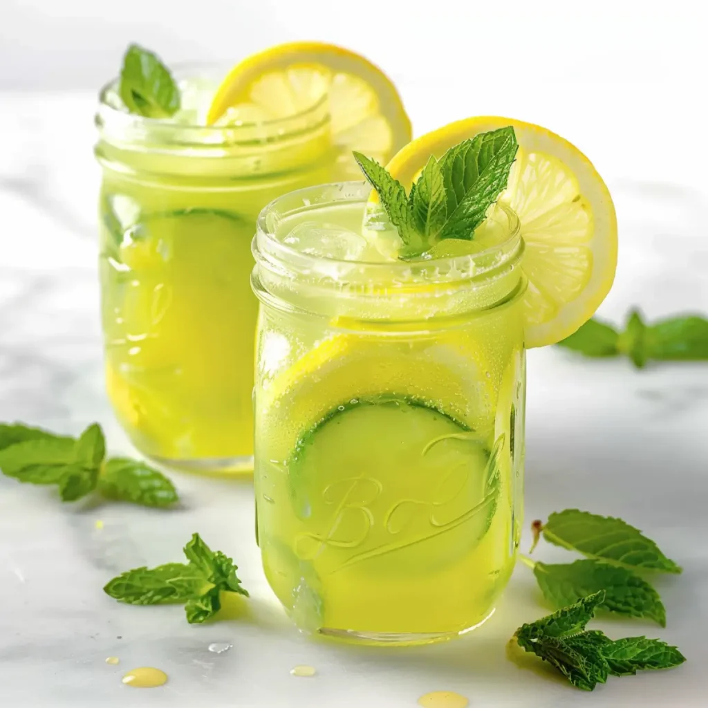 Two mason jars filled with cucumber lemonade, garnished with lemon slices and fresh mint on a white background.