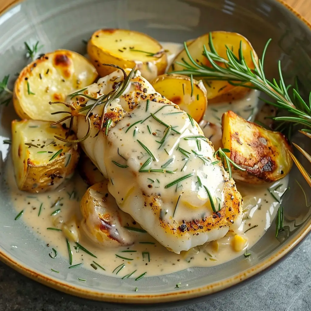 Golden-seared cod fillet with roasted potatoes in rosemary cream sauce on a plate