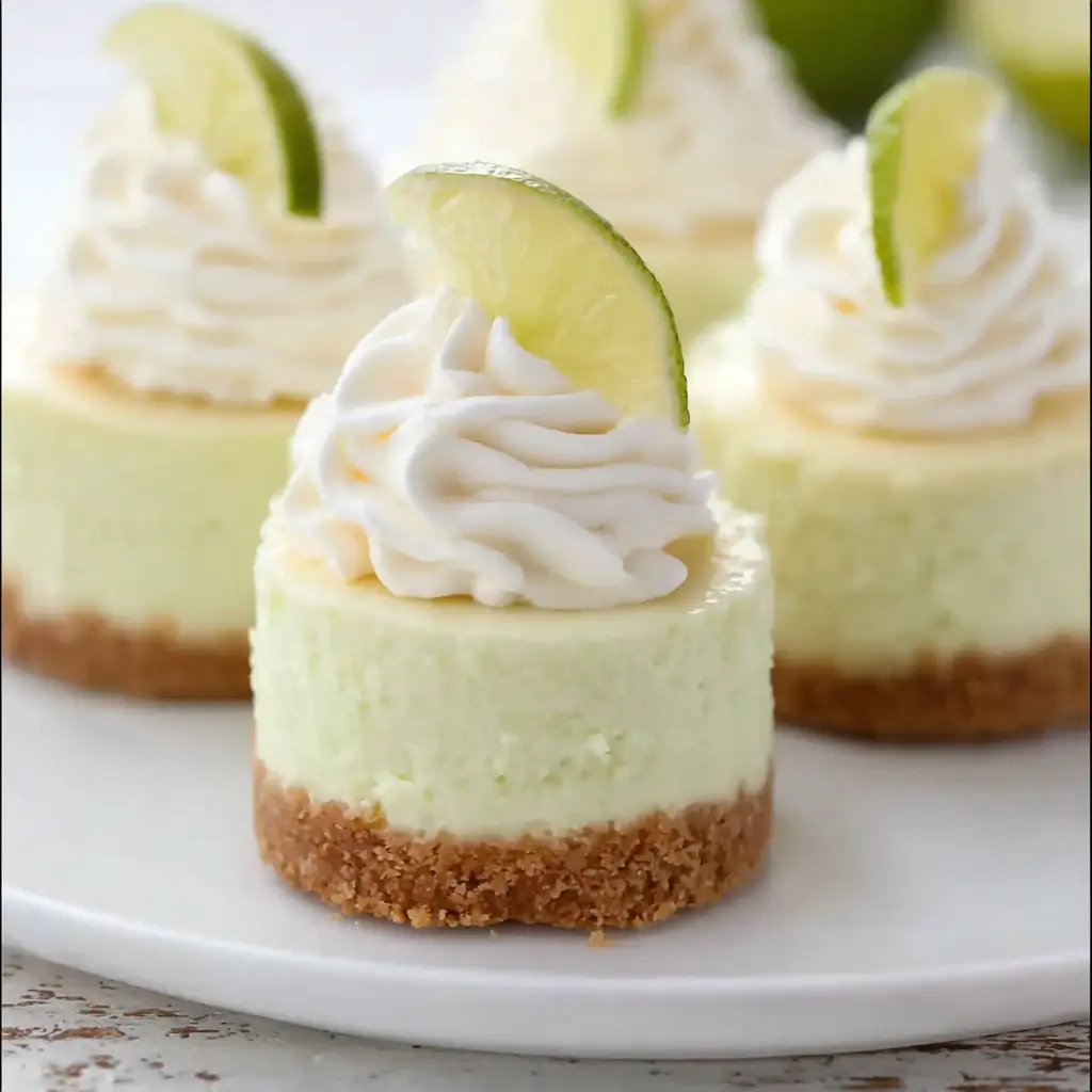 Mini key lime cheesecakes served on a white plate with whipped cream and lime slices