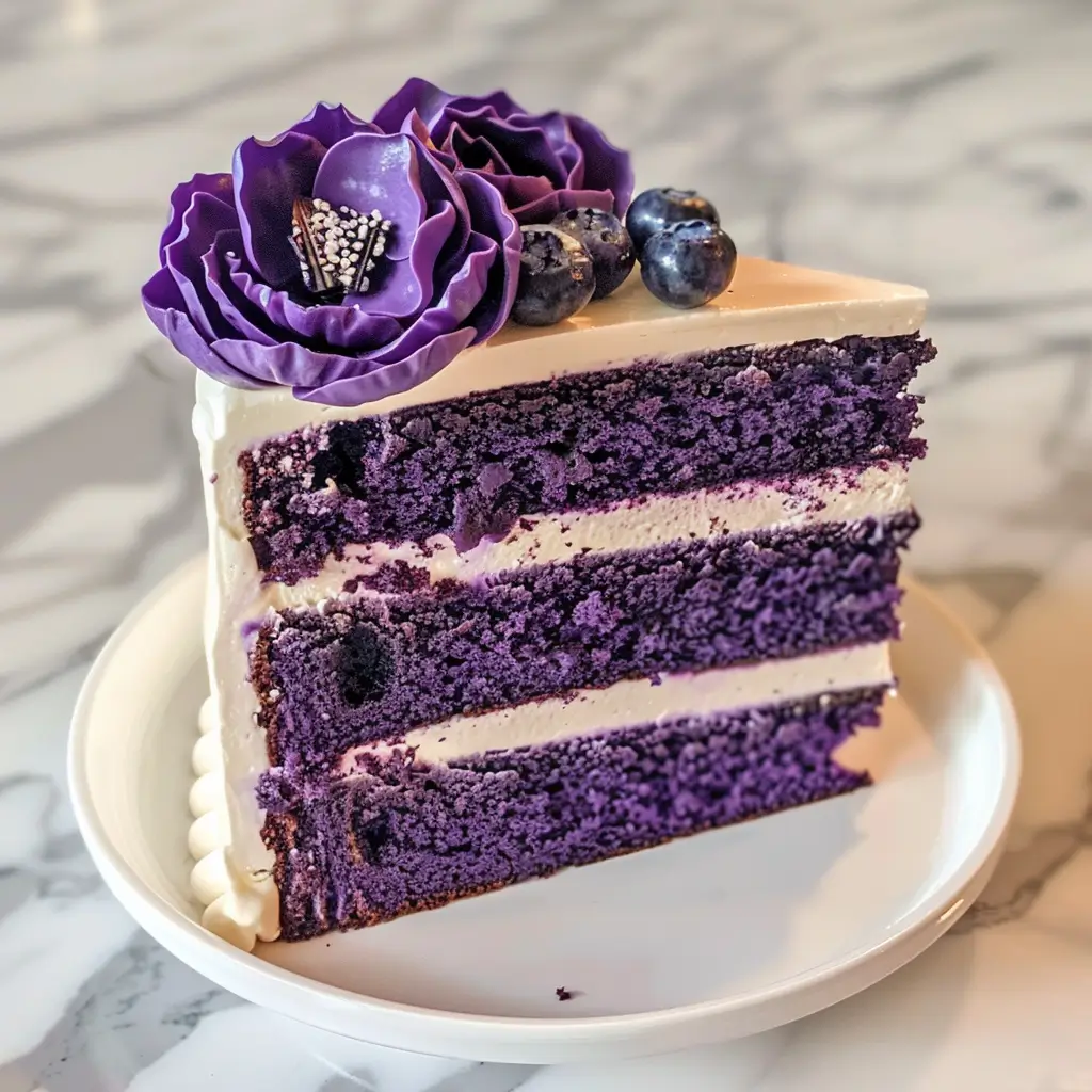 A slice of purple velvet cake with layers of cream cheese frosting, topped with a purple sugar flower and fresh blueberries on a white plate.
