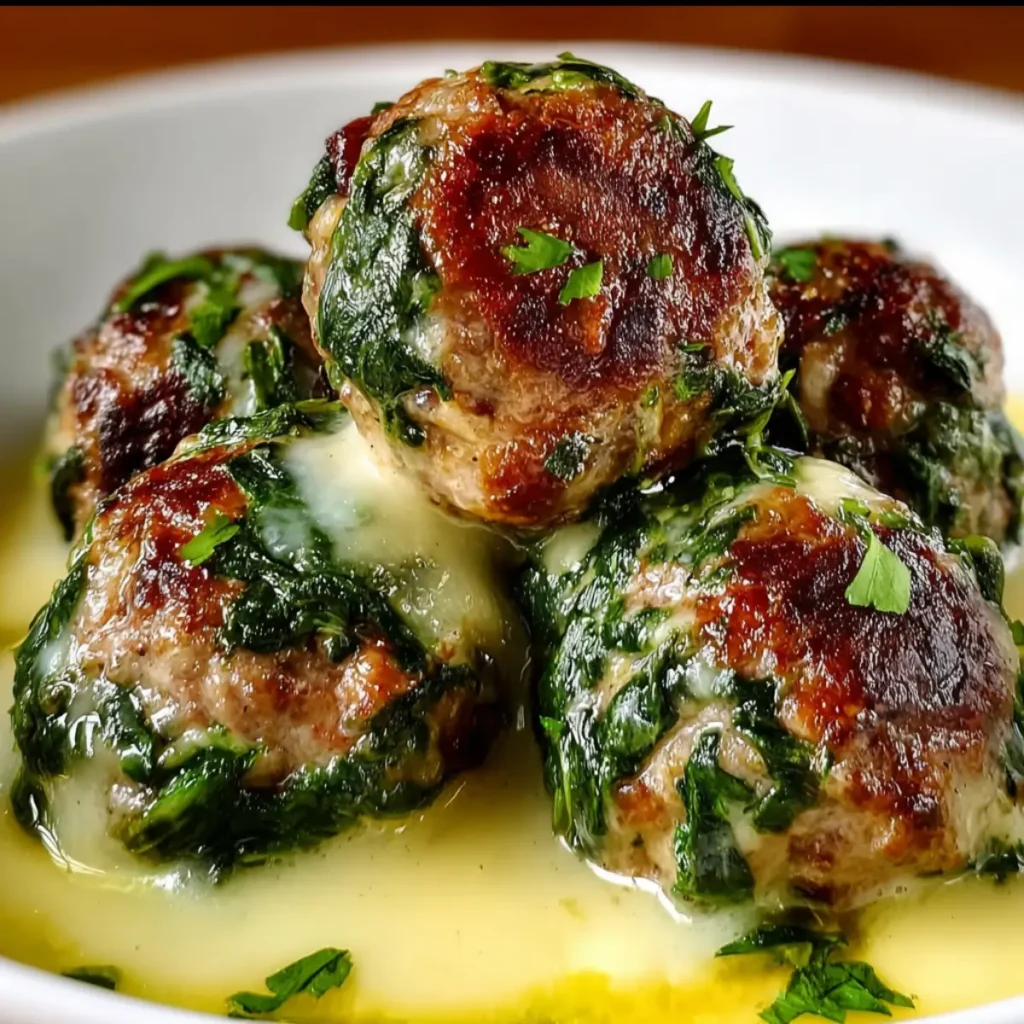 Cheesy spinach garlic mozzarella stuffed meatballs served hot in a white bowl with melted cheese sauce