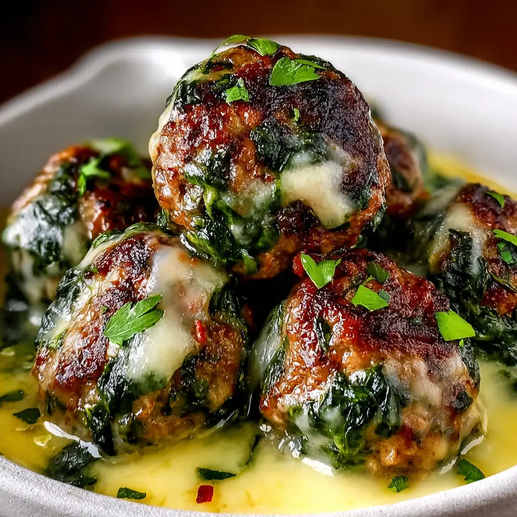 Melted mozzarella and spinach-stuffed meatballs in garlic butter sauce garnished with parsley