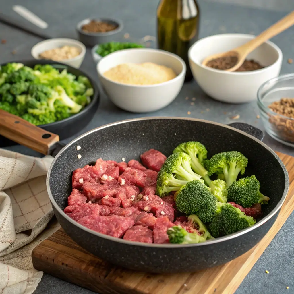 Step-by-step keto hamburger broccoli skillet cooking