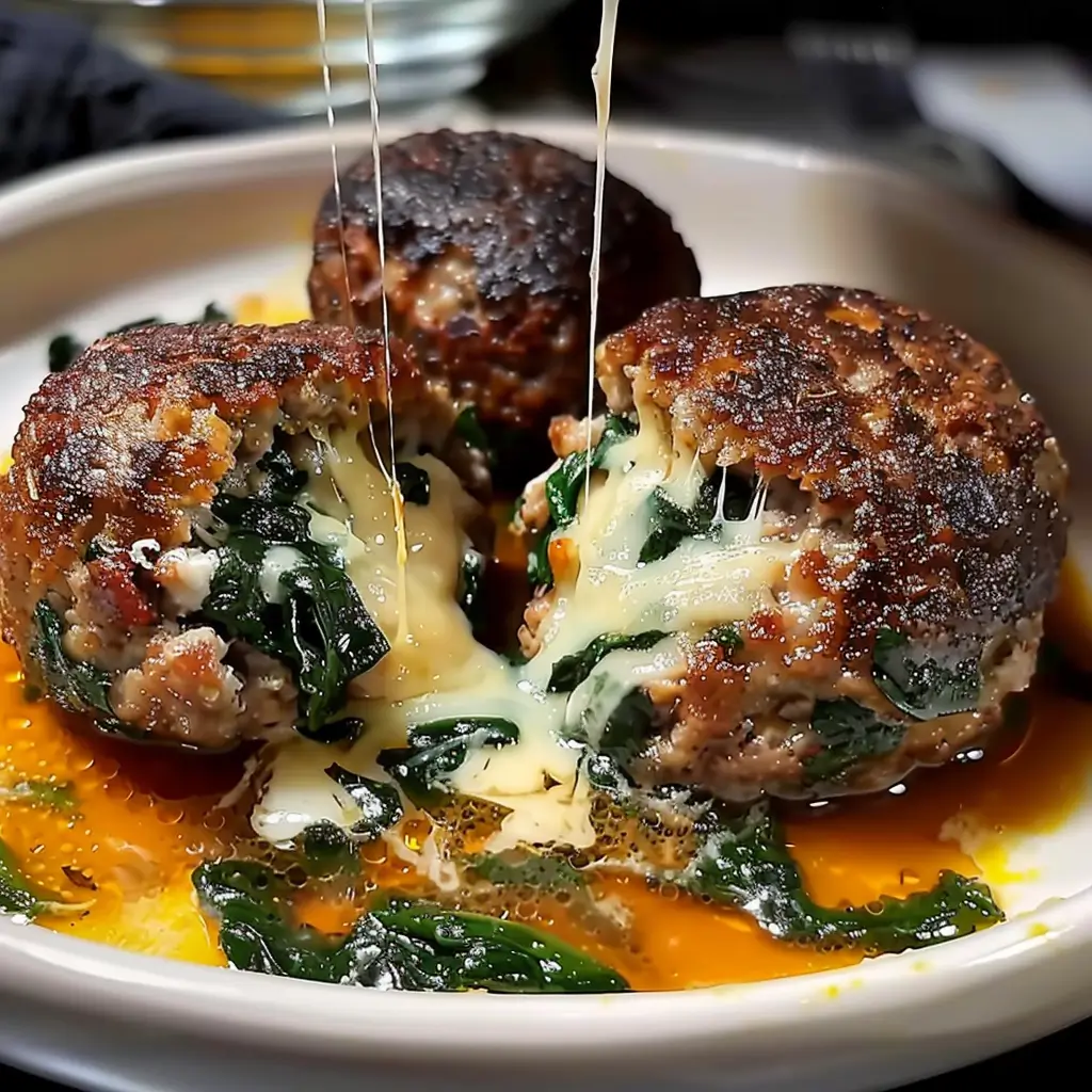 Cheese-stuffed spinach garlic meatballs split open showing melted mozzarella and sautéed greens