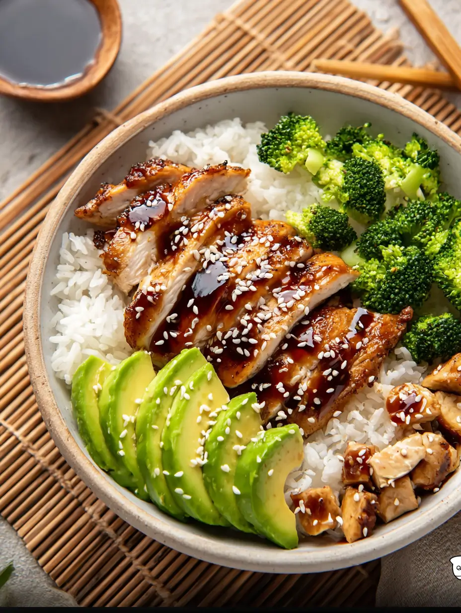Teriyaki chicken rice bowl topped with avocado slices, broccoli, and sesame seeds