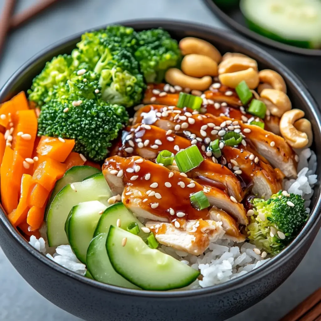Bowl of teriyaki chicken over rice with broccoli, carrots, cucumber, and cashews
