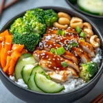Bowl of teriyaki chicken over rice with broccoli, carrots, cucumber, and cashews