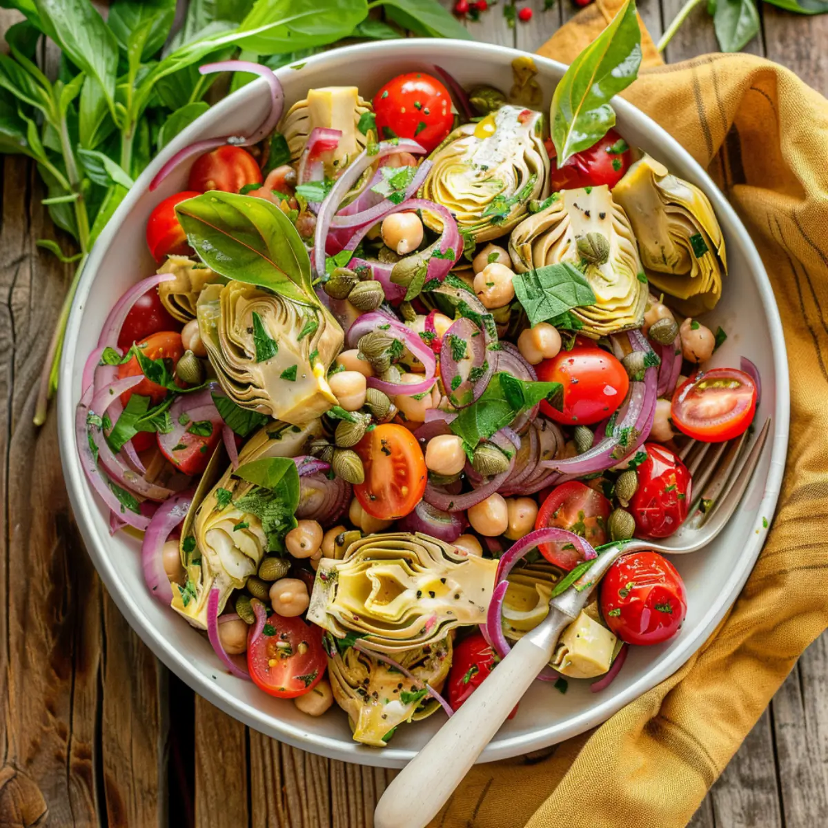 Overhead view of a fresh tomato and artichoke salad with red onion, chickpeas, capers, and basil in a white bowl