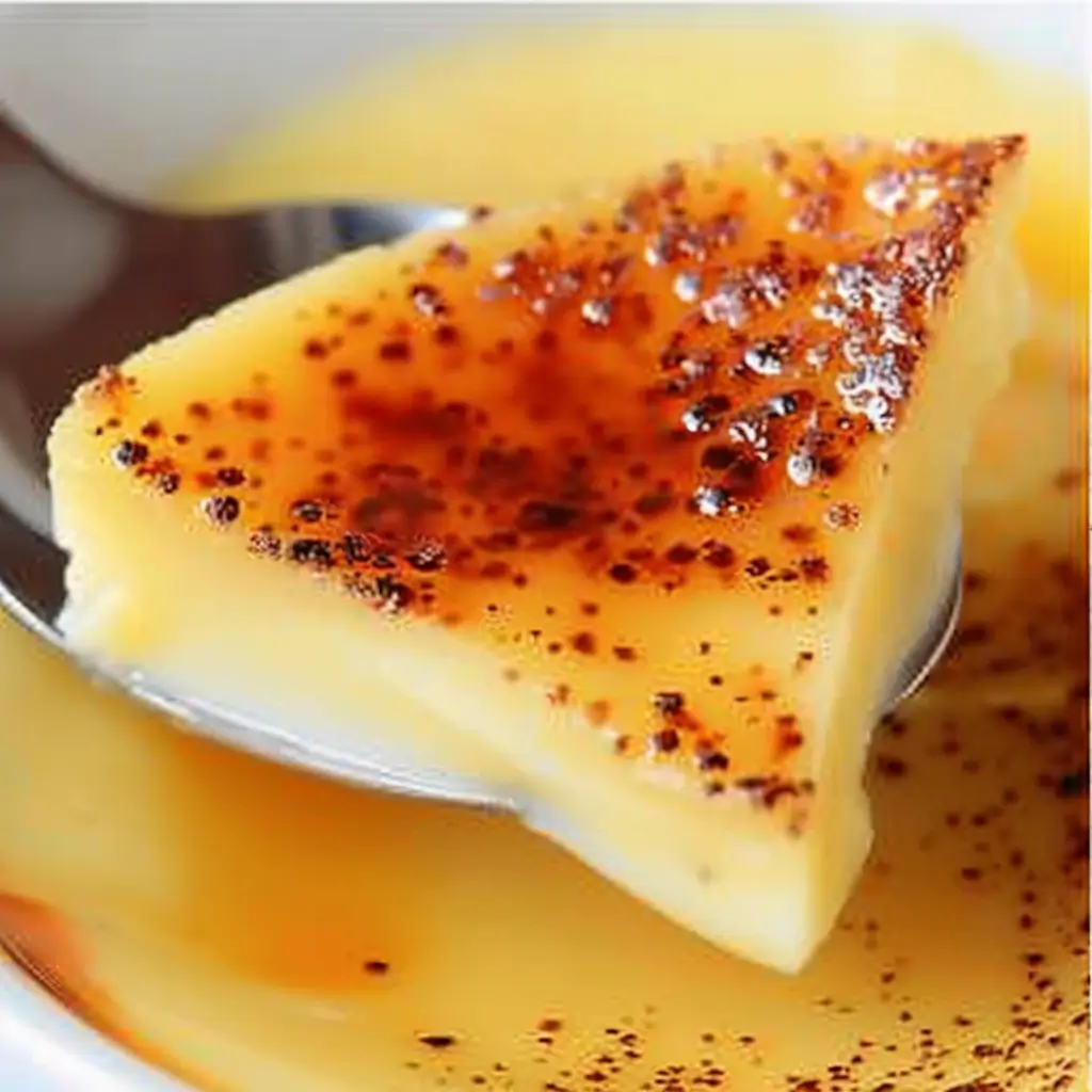 Triangular slice of fail-proof egg custard with a caramelized sugar crust on a spoon