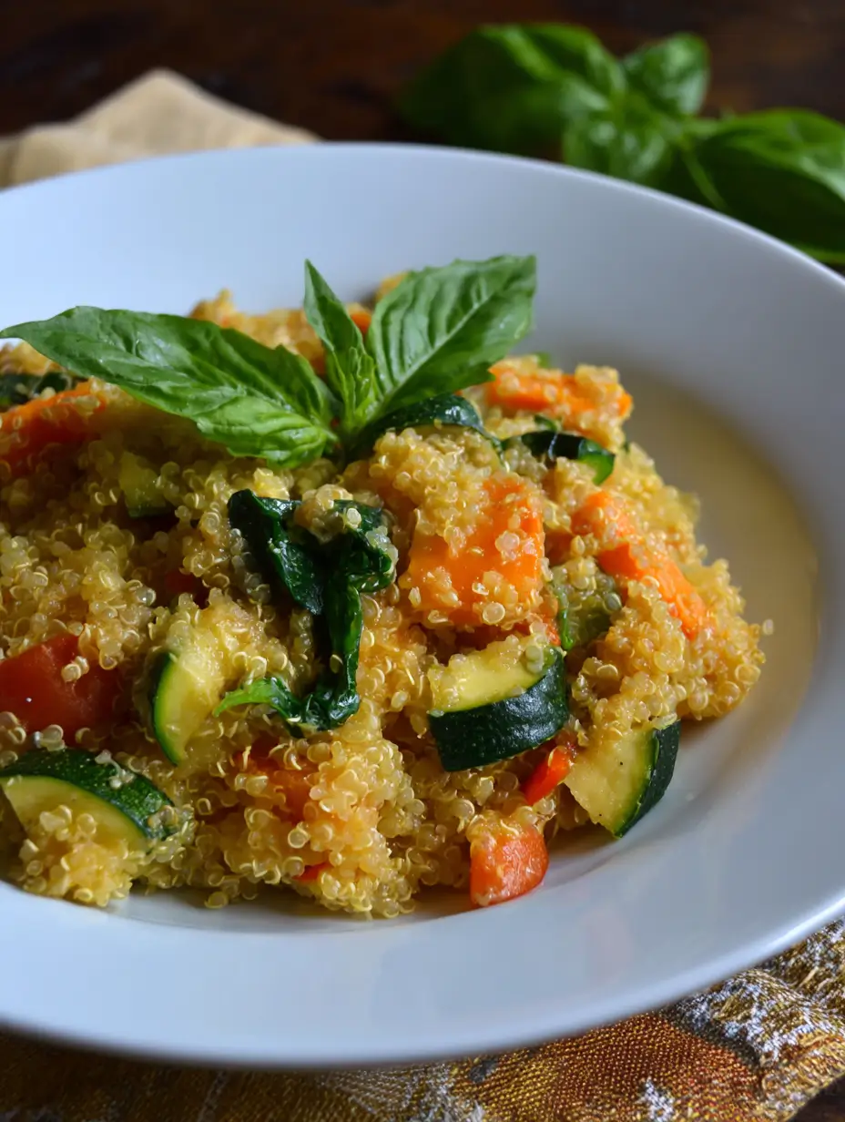 Quinoa casserole with zucchini, carrots, spinach, and fresh basil served in a white bowl