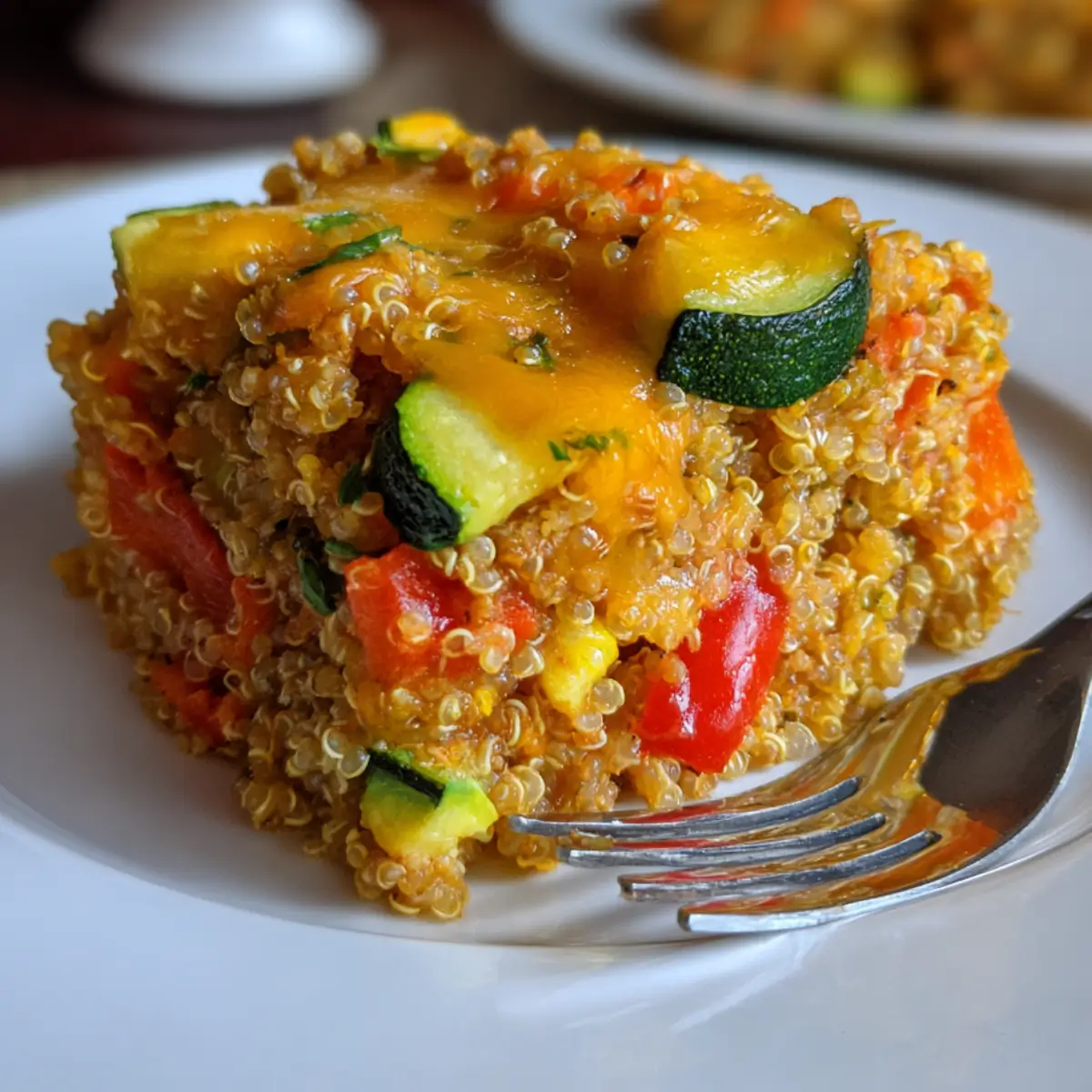 A hearty slice of veggie-packed quinoa casserole with zucchini, red peppers, and melted cheddar cheese