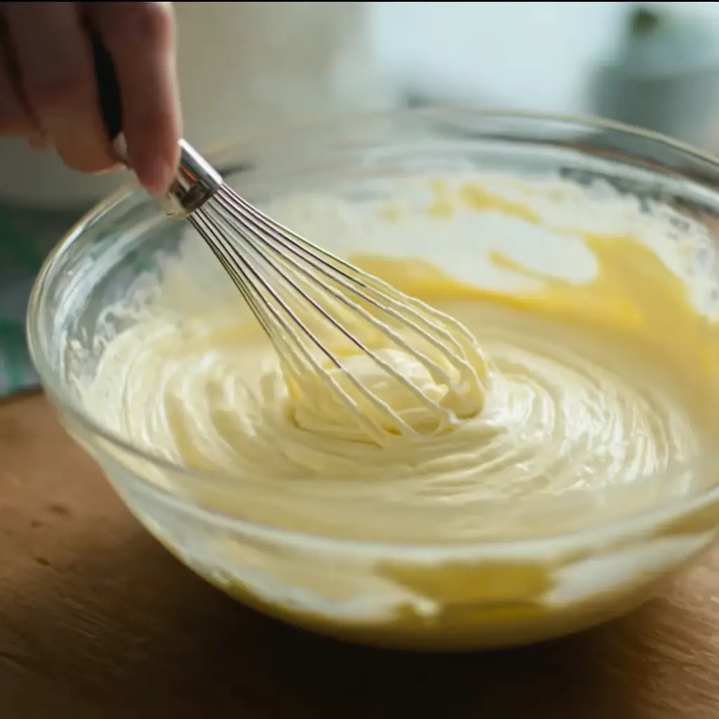 Whisking creamy cheesecake batter in a glass bowl for mini key lime cheesecakes