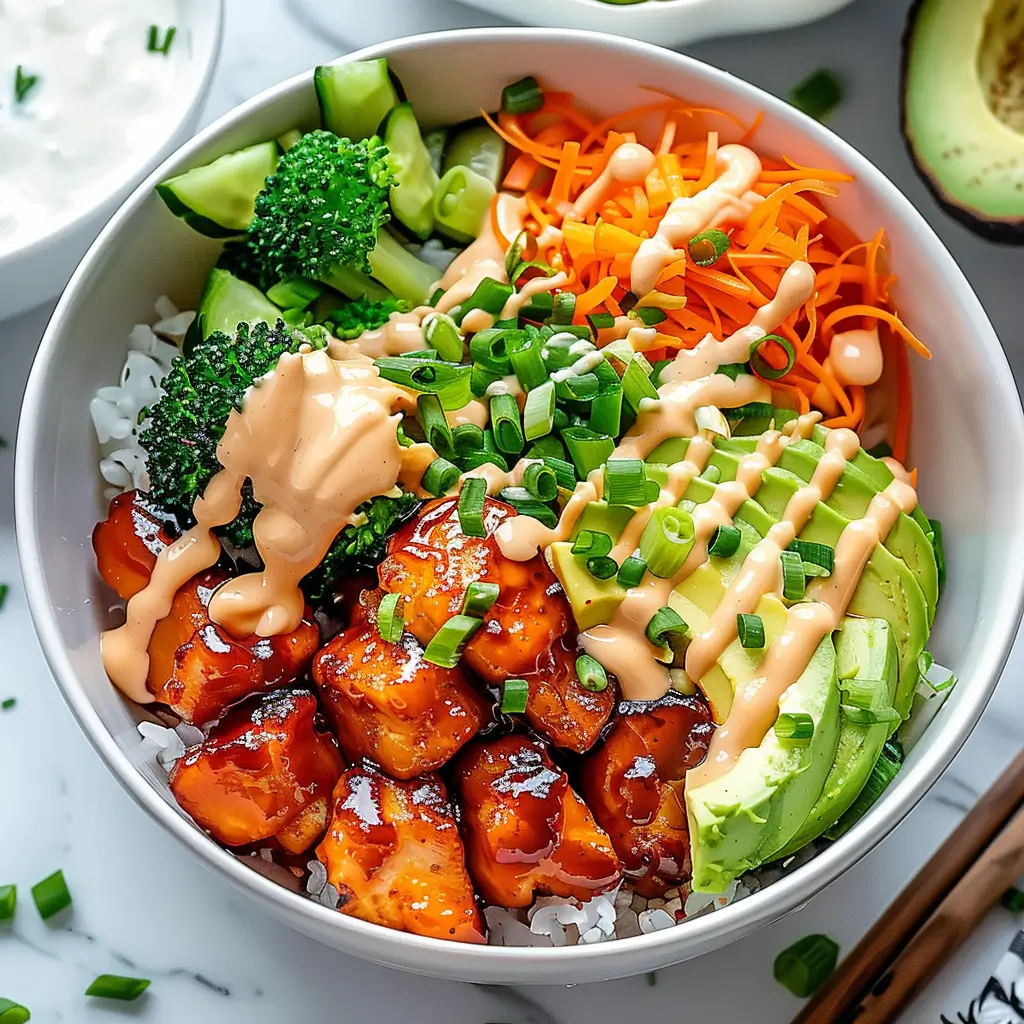 Colorful Bang Bang Chicken Bowl with glazed chicken, creamy spicy sauce, sliced avocado, shredded carrots, broccoli, and cucumber over white rice.