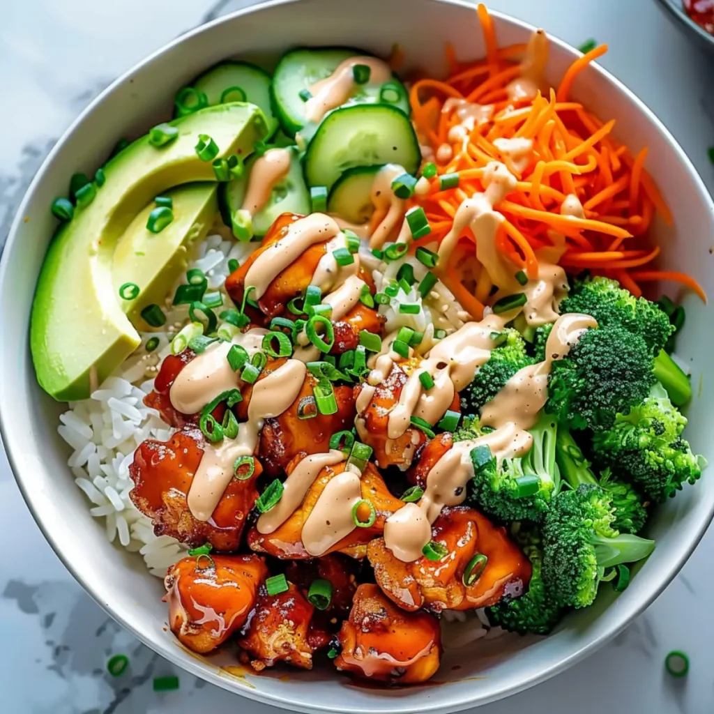 Delicious Bang Bang Chicken Bowl with crispy chicken, creamy spicy sauce, white rice, avocado, cucumber, shredded carrots, and broccoli in a white bowl.