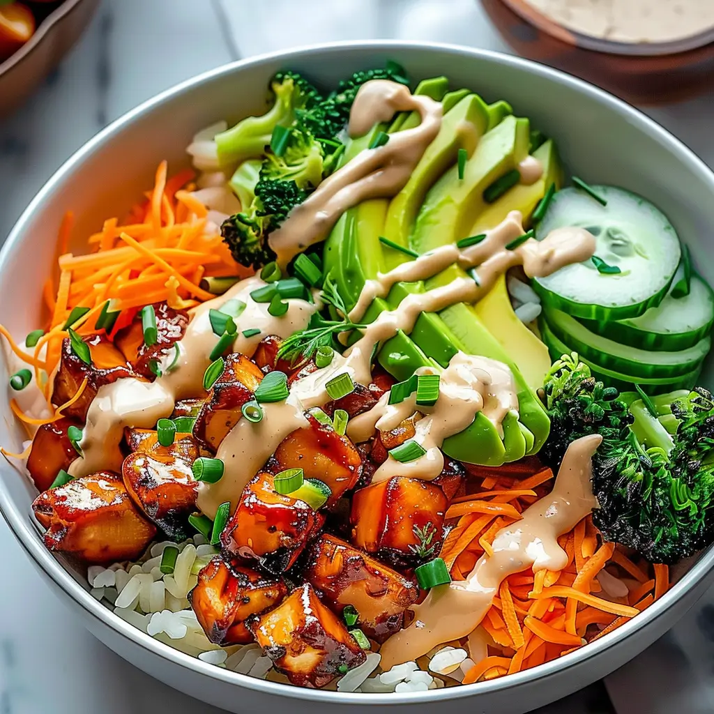 Glazed Bang Bang Chicken Bowl with creamy sauce, avocado slices, shredded carrots, broccoli, and cucumber over white rice.