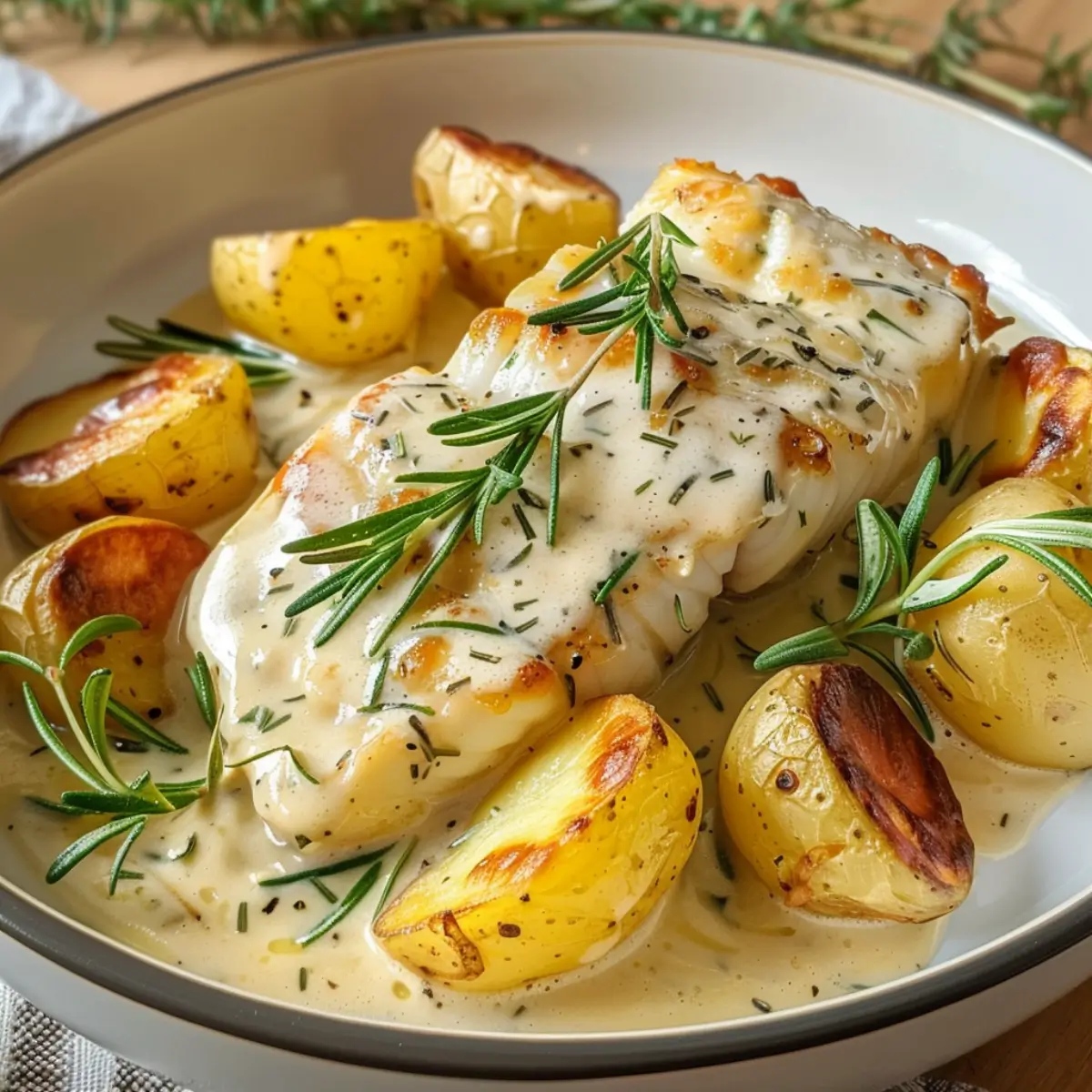 Cod fillet and golden potatoes in rosemary cream sauce, garnished with fresh rosemary sprigs