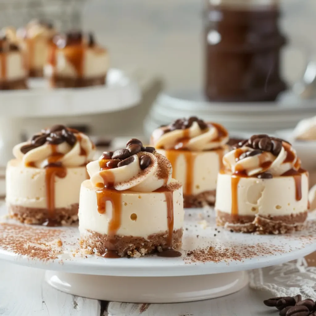 Mini coffee cheesecakes topped with espresso whipped cream, caramel drizzle, and coffee beans on a white plate