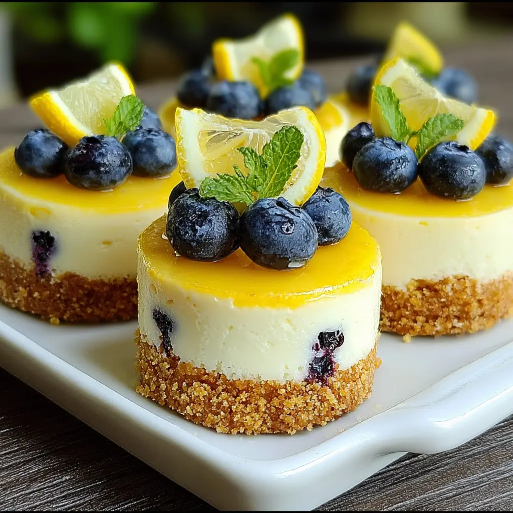 Mini lemon blueberry cheesecakes with graham cracker crust, topped with lemon slices, blueberries, and fresh mint on a white plate