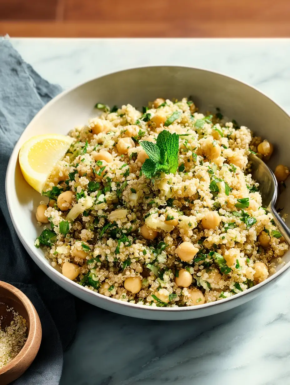 Bowl of lemon herb quinoa with chickpeas, garnished with mint and lemon wedge