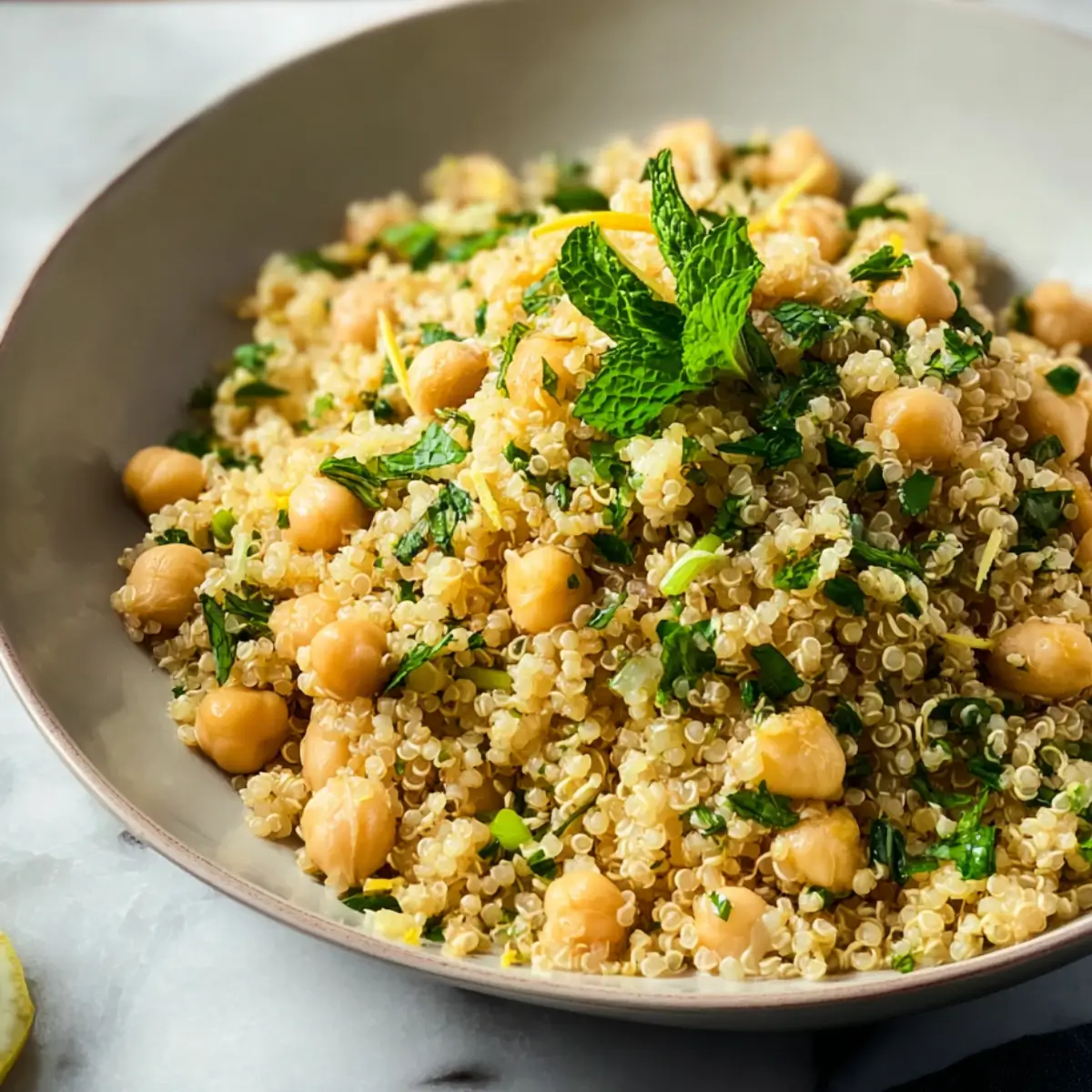 Bowl of lemon herb quinoa with chickpeas garnished with fresh mint