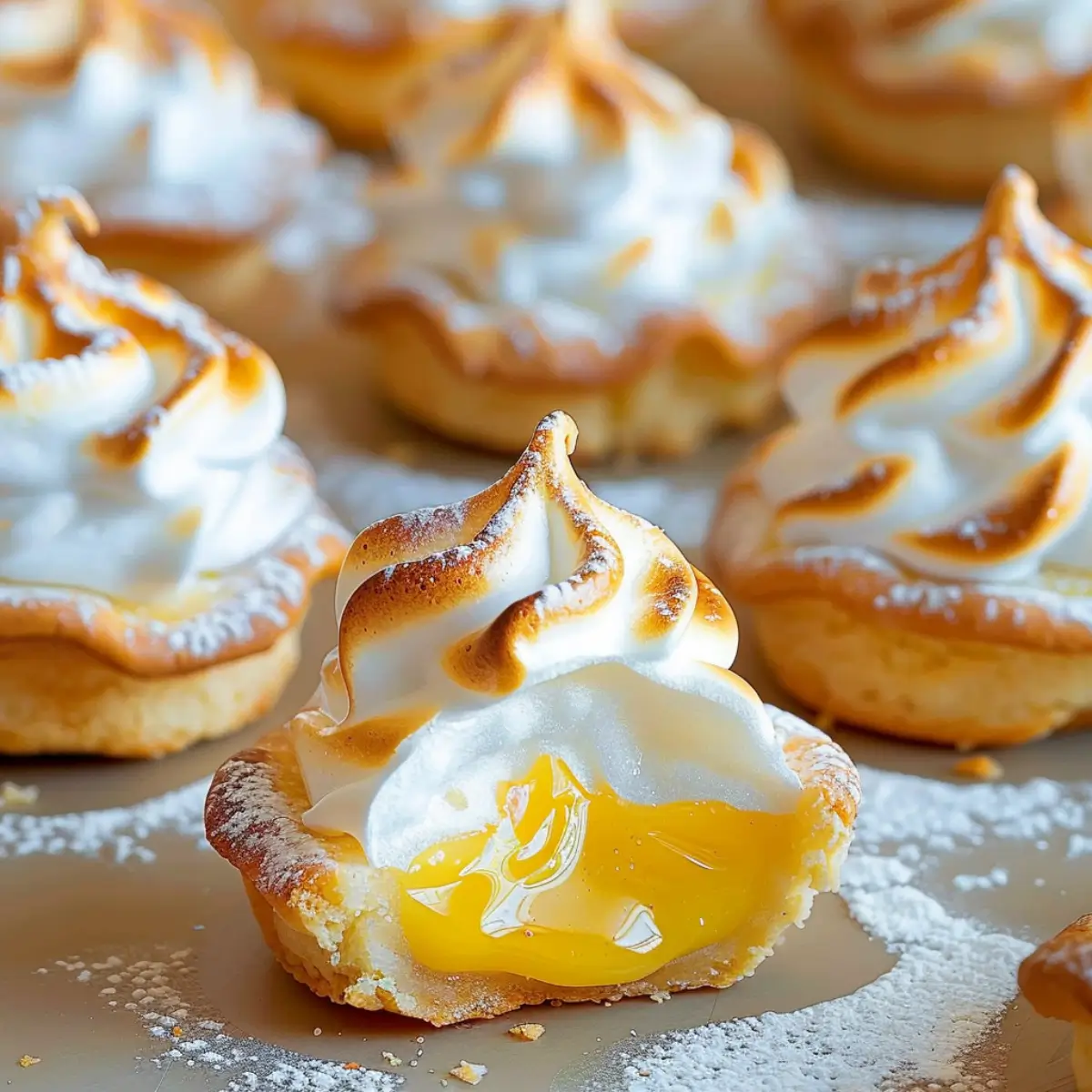 Close-up of lemon meringue pie cookies with toasted meringue topping and gooey lemon curd center, dusted with powdered sugar.