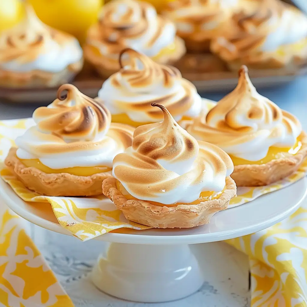 Golden toasted lemon meringue pie cookies on a white pedestal cake stand with yellow napkins and lemons in the background.