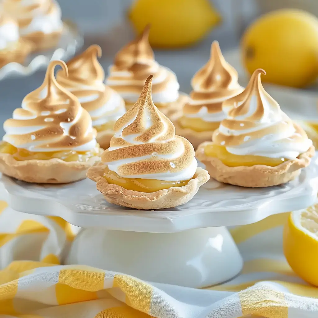 Lemon meringue pie cookies with toasted meringue peaks arranged on a white cake stand, with lemons and a yellow checkered cloth in the background.