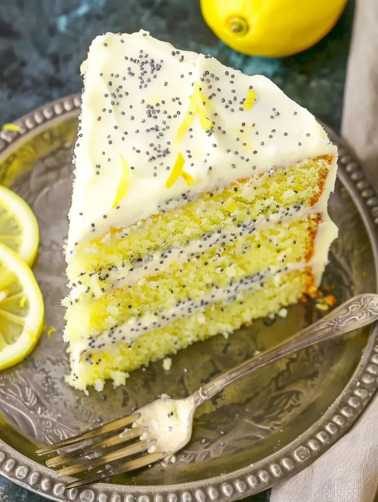 Slice of lemon poppy seed cake with frosting, poppy seeds, and lemon zest on a vintage silver plate.