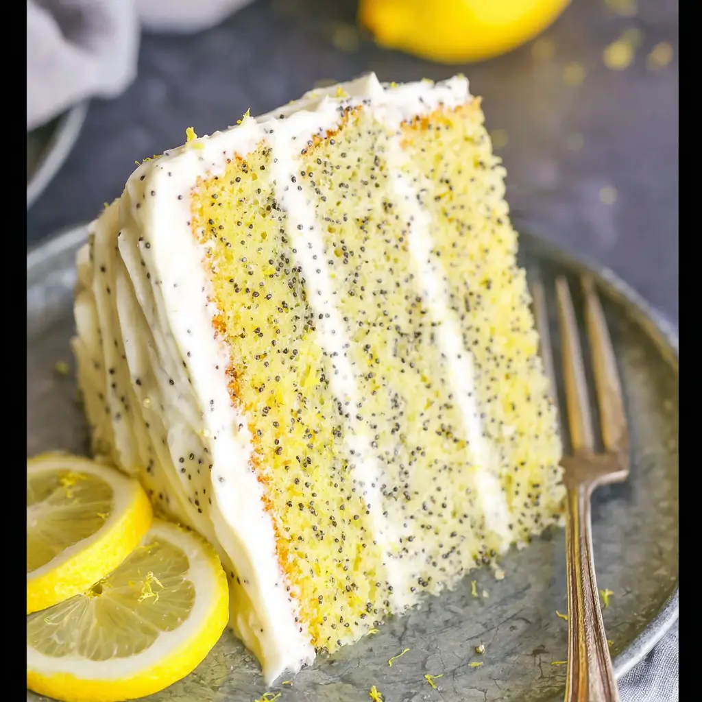 Moist lemon poppy seed layer cake slice with creamy frosting and lemon slices on a plate.
