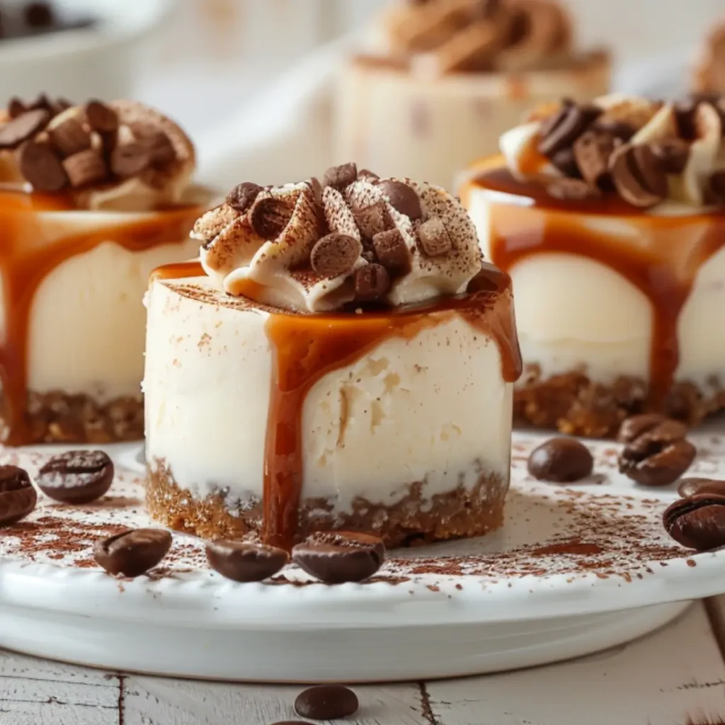 Close-up of mini espresso coffee cheesecakes with chocolate curls, caramel drizzle, and whipped cream on a cookie crust