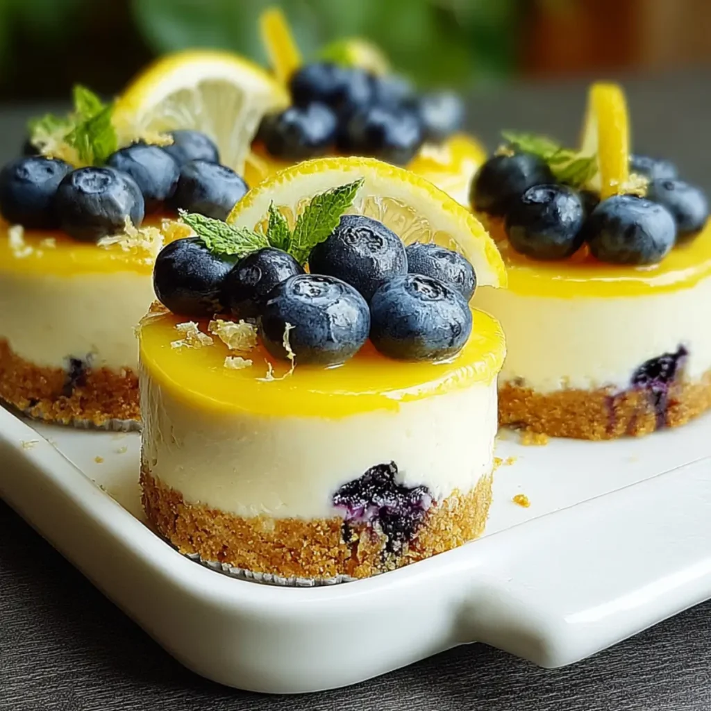 Mini lemon blueberry cheesecakes topped with fresh blueberries, lemon curd, and mint on a white serving tray