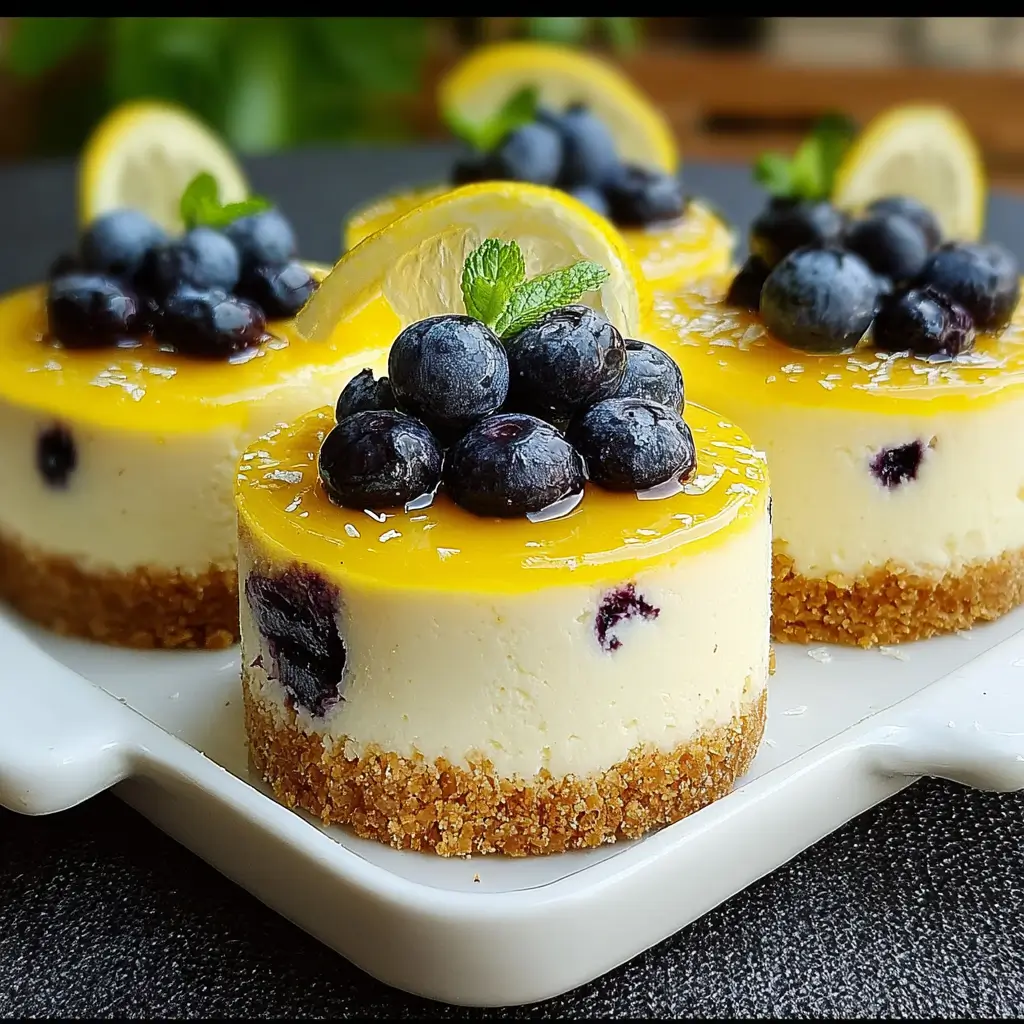 Close-up of mini lemon blueberry cheesecakes topped with lemon curd, fresh blueberries, and mint on a white serving platter