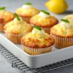 sliced keto lemon cream cheese muffin with whipped cream and lemon glaze
