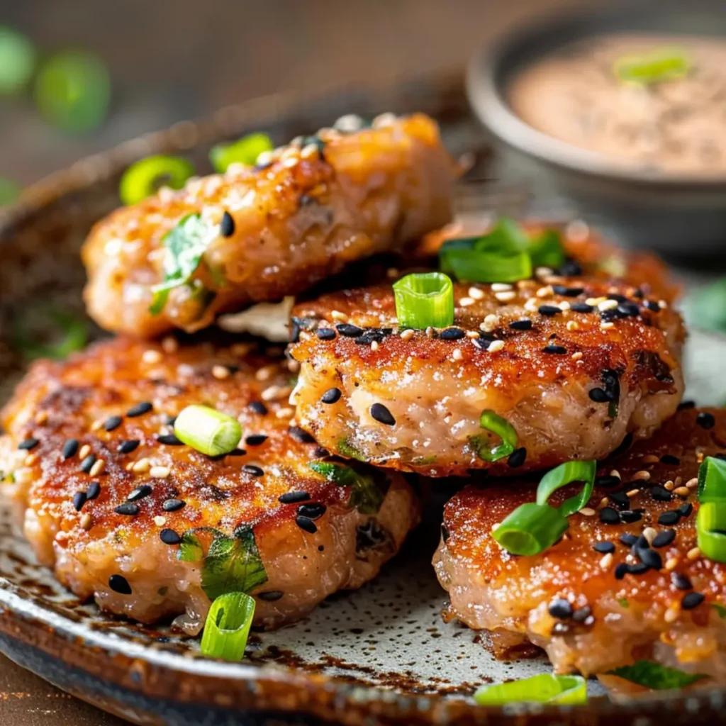 Crispy Asian-style tuna cakes garnished with green onions and black sesame seeds on a ceramic plate