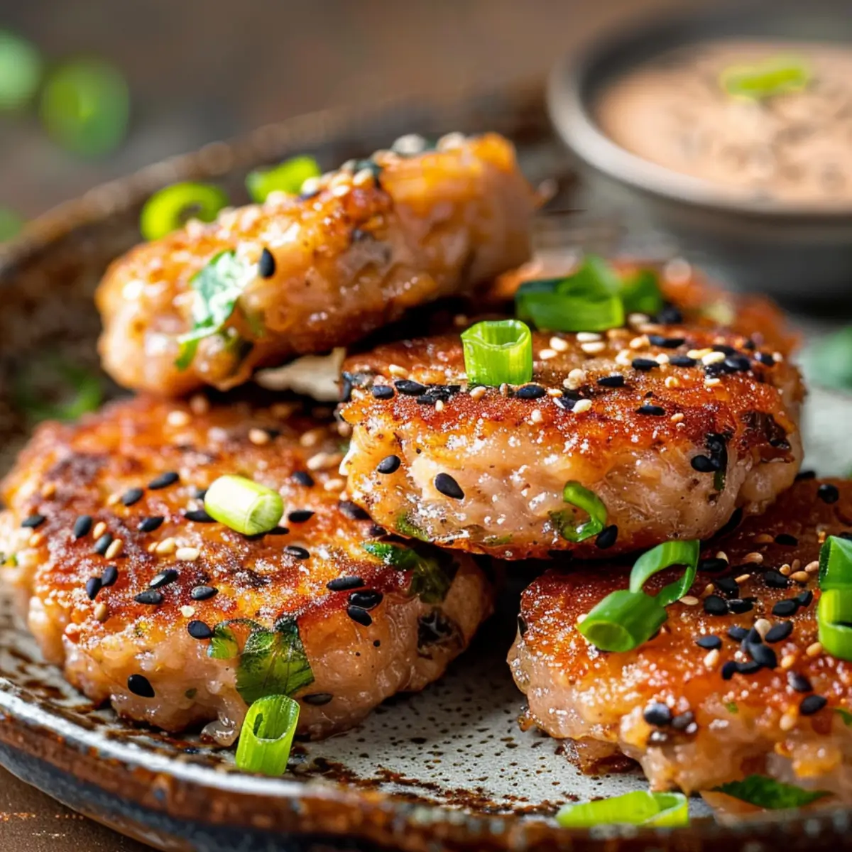 Crispy Asian-style tuna cakes garnished with green onions and black sesame seeds on a ceramic plate