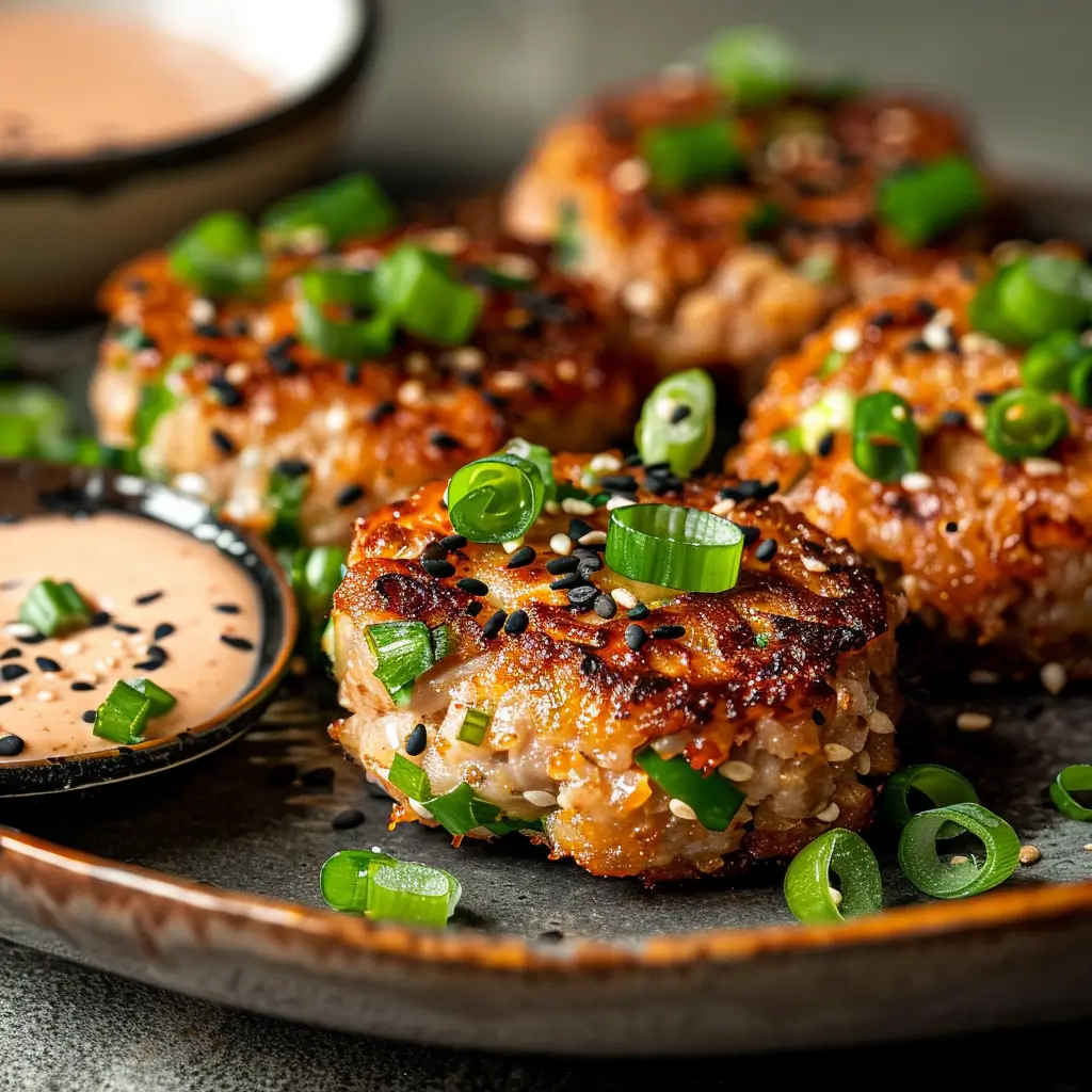 Close-up view of crispy Asian-style tuna cakes topped with sesame seeds and scallions next to spicy dipping sauce