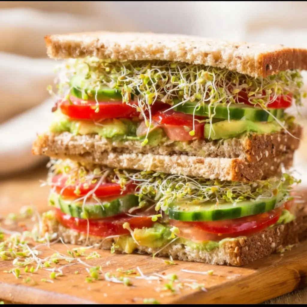 Close-up of a stacked vegan avocado hummus sandwich with tomato, cucumber, and sprouts on whole grain bread