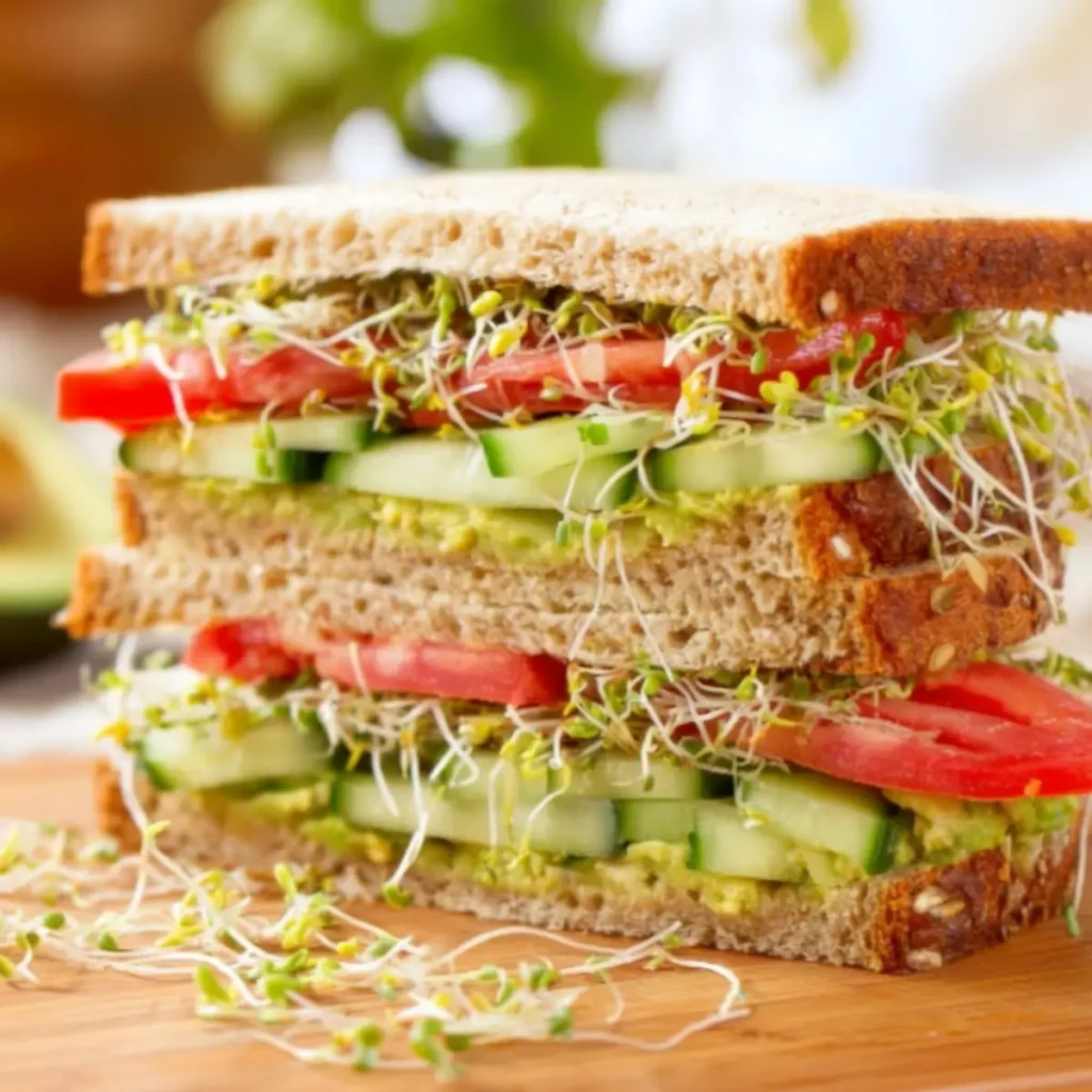 A stacked vegan hummus avocado sandwich with cucumber, tomato, and sprouts on whole grain bread