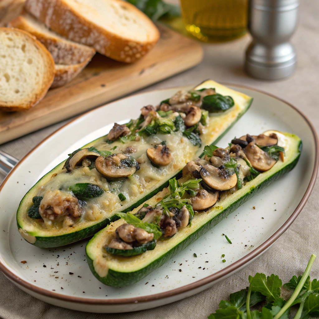 Cheesy Spinach & Mushroom Zucchini Boats